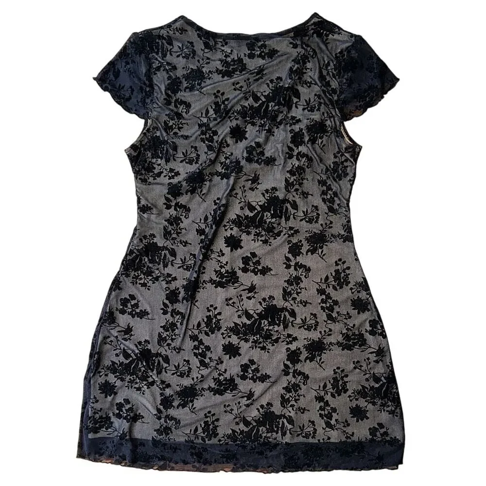 Cider Mesh V-Neck Floral Bow Nude Lined Black Mini Dress 8 - Picture 5 of 8